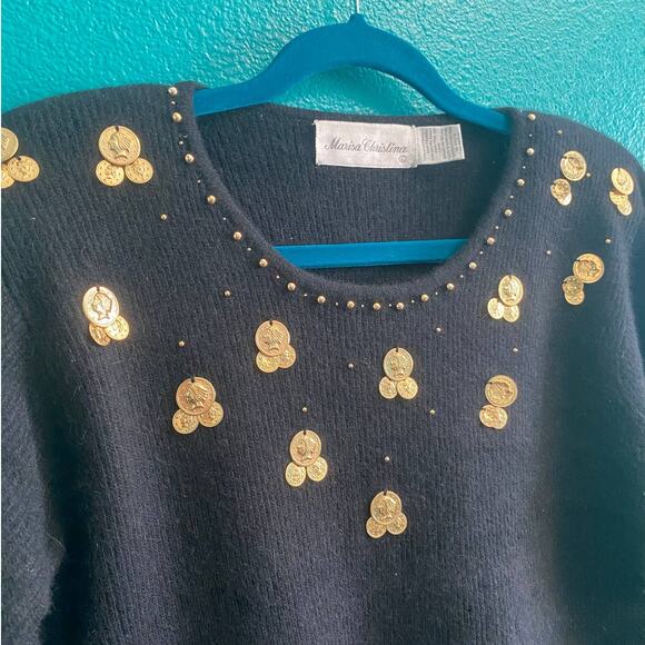 Marisa Christina Lambswool Angora Black Gold Medallion Sweater Size S-M - Picture 5 of 10